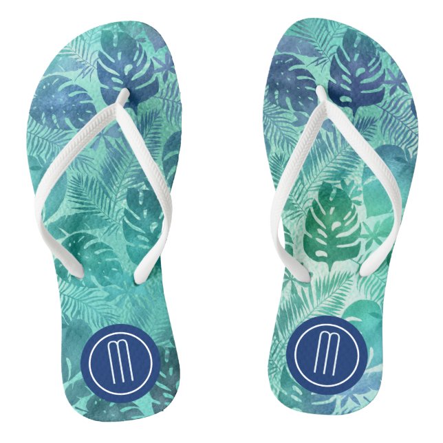 Teal Tropical Palm Leaf Monogram Flip Flops (Footbed)