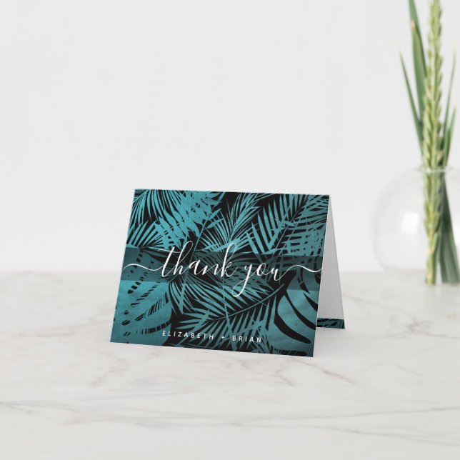 Teal tropical palm leaf pattern calligraphy script letterpress thank you card (Front)