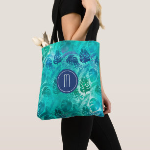 Teal Tropical Palm Leaf Pattern Monogram Tote Bag
