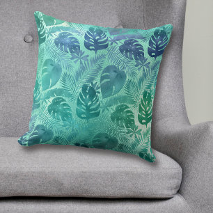 Teal Tropical Palm Leaf Pattern Throw Pillow