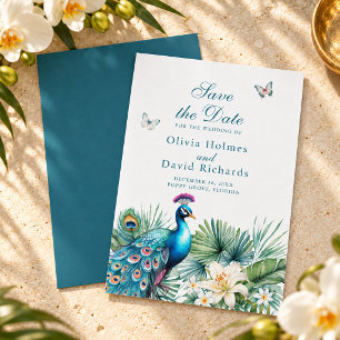 Teal Tropical Peacock Wedding Save the Date Card