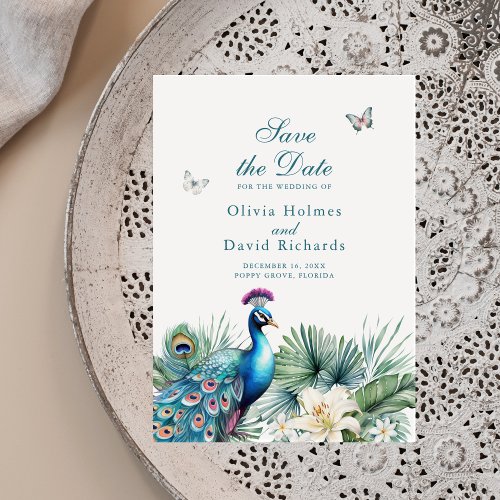 Teal Tropical Peacock Wedding Save the Date Card