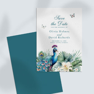 Teal Tropical Peacock Wedding Save the Date Card