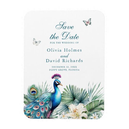 Teal Tropical Peacock Wedding Save the Date Card Magnet