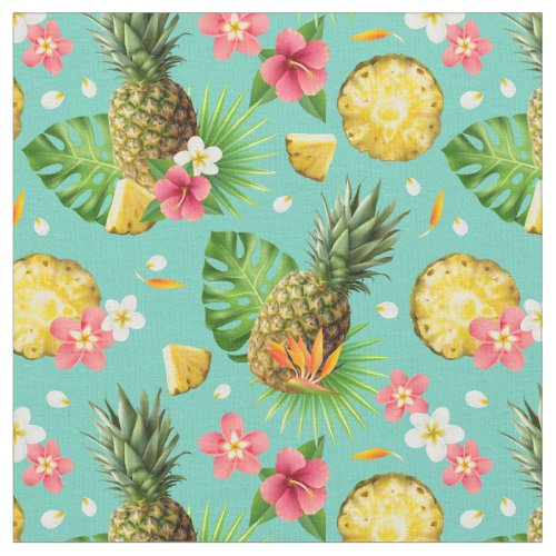 Teal Tropical Pineapple Pattern Fabric