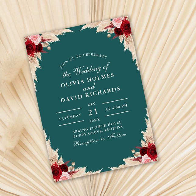 Teal Tropical Rose Autumn Wedding Invitation (Creator Uploaded)