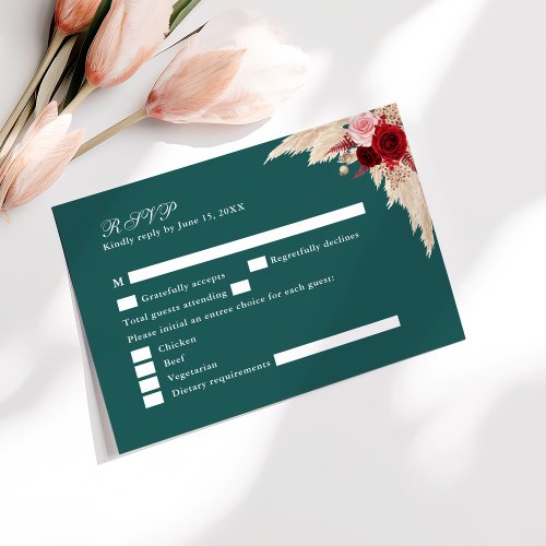 Teal Tropical Roses Wedding RSVP Card