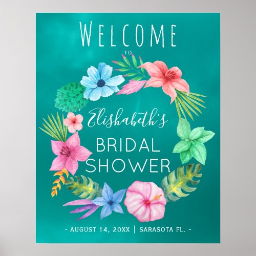 Teal tropical wreath bridal shower welcome sign
