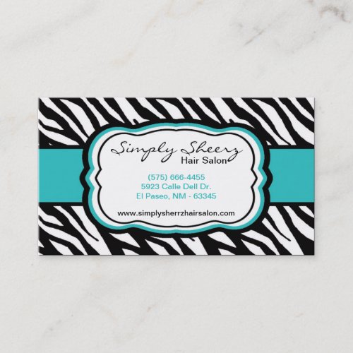 Teal Turquois Zebra Print Hair Salon Business Card