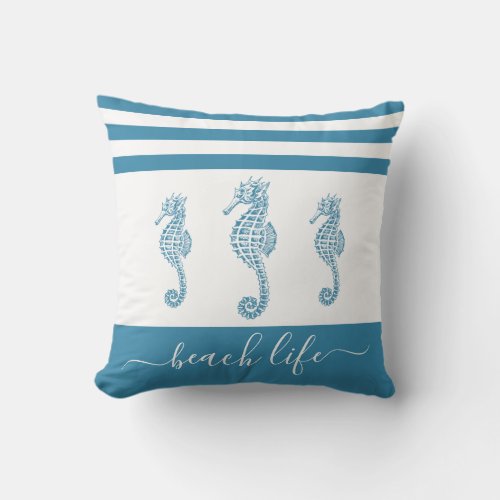 Teal turquoise 3 seahorse beach life script modern throw pillow