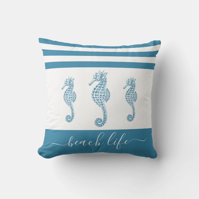 Teal turquoise 3 seahorse beach life script modern throw pillow (Front)