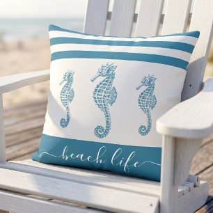 Teal turquoise 3 seahorse beach life script modern throw pillow
