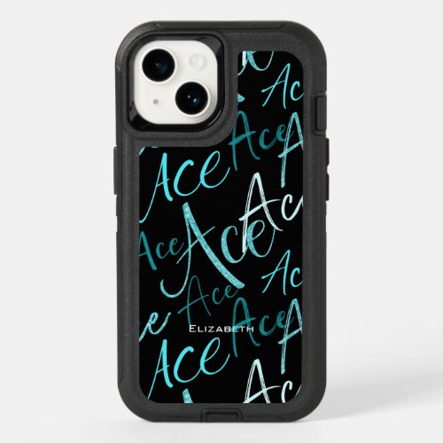 teal turquoise ace text pattern girls volleyball  OtterBox iPhone 14 case