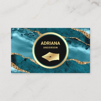 Teal Turquoise Agate Lawyer Attorney Gold Pen Nib Business Card by ShabzDesigns at Zazzle