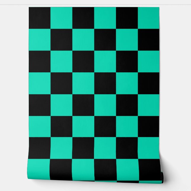 Teal Turquoise and Black Checker Pattern  Wallpaper (Unrolling)