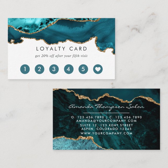 Teal - Turquoise and Gold Agate Loyalty Card (Front/Back)