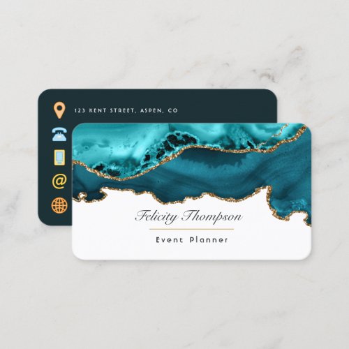 Teal _ Turquoise and Gold Agate Stone QR Code Business Card