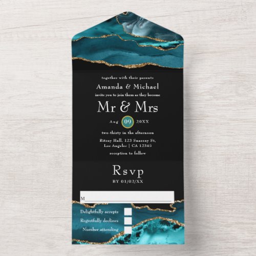 Teal _ Turquoise and Gold Agate Stone Wedding All  All In One Invitation