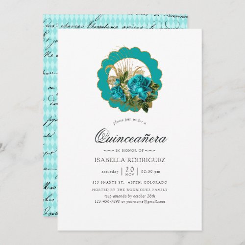 Teal _ Turquoise and Gold Chic Paris Quinceaera Invitation