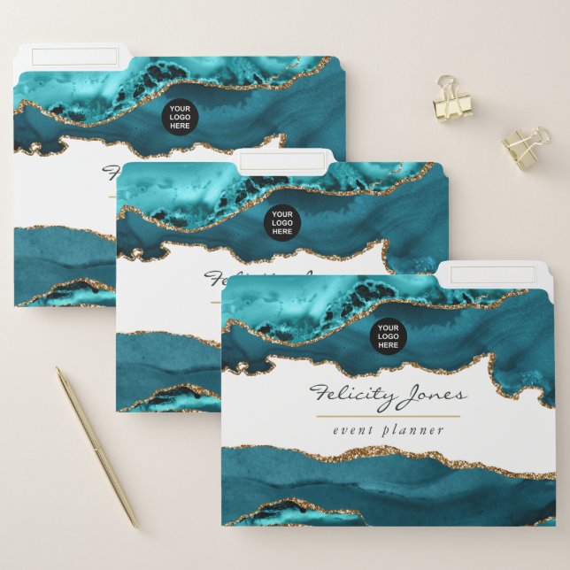 Teal - Turquoise and Gold Geode Agate Corporate File Folder (Set)