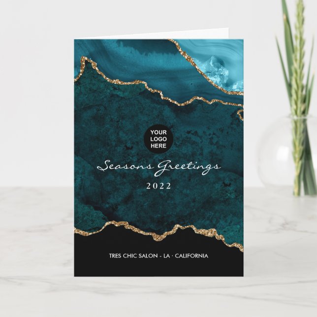 Teal - Turquoise and Gold Geode Agate Corporate Holiday Card (Front)