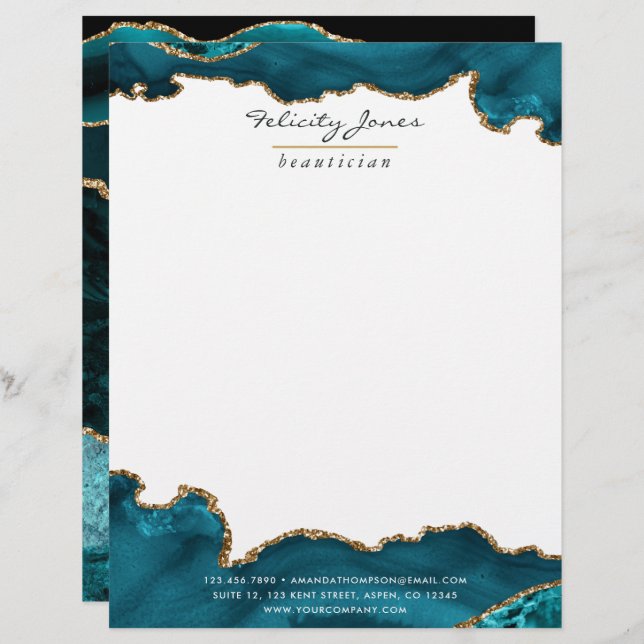 Teal - Turquoise and Gold Geode Agate Corporate Letterhead (Front/Back)