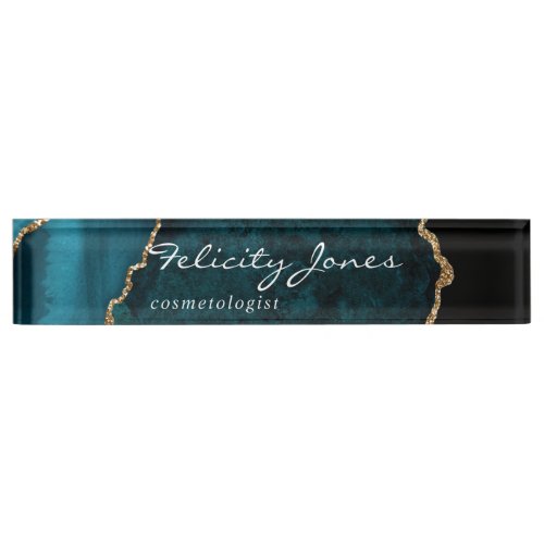 Teal _ Turquoise and Gold Geode Agate Stone Desk Name Plate