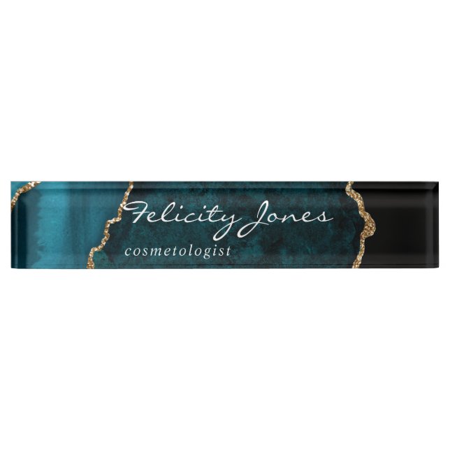 Teal - Turquoise and Gold Geode Agate Stone Desk Name Plate (Front)