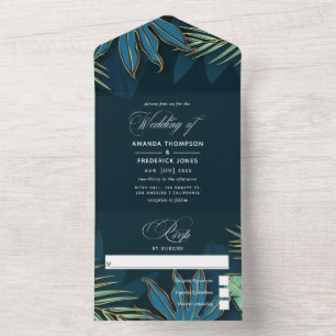 Teal - Turquoise and Gold Tropical Leaves All In O All In One Invitation