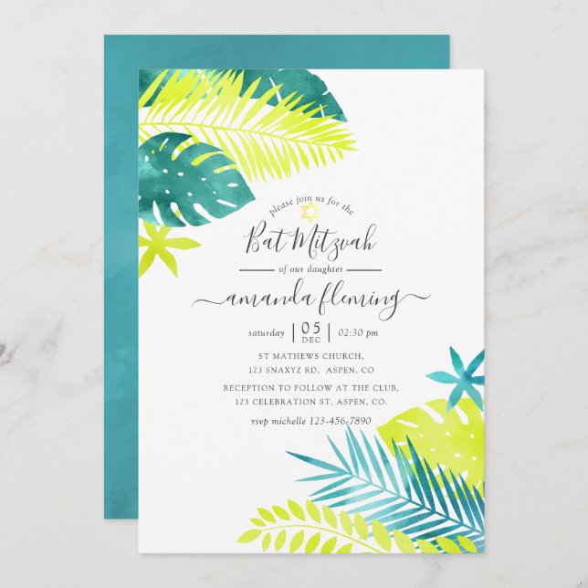 Teal - Turquoise and Lemon Tropical Bat Mitzvah Invitation (Front/Back)