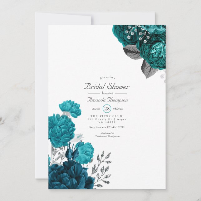 Teal - Turquoise and Silver Floral Bridal Shower Invitation (Front)
