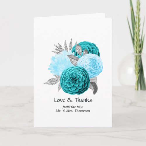 Teal _ Turquoise and Silver Floral Wedding Thank You Card