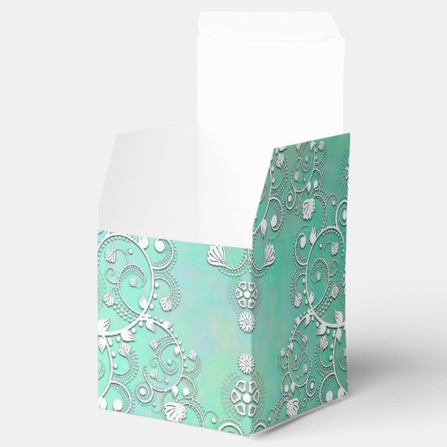 Teal Turquoise and White Fancy Damask Favor Boxes (Opened)