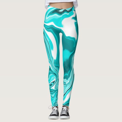 Teal Turquoise and White Marble   Leggings
