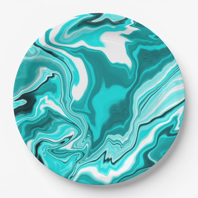 Teal, Turquoise and White Marble    Paper Plates (Front)