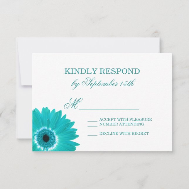 Teal Turquoise Aqua Daisy Wedding RSVP Cards (Front)