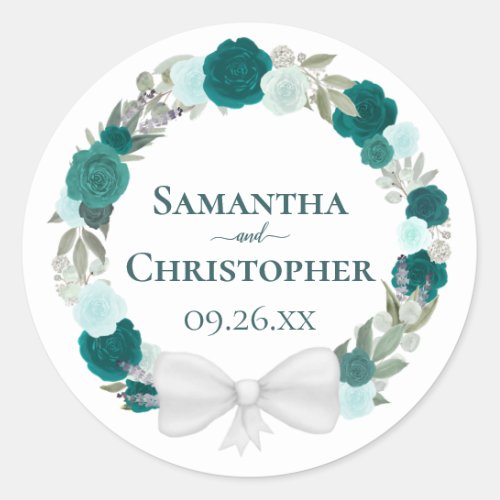 Teal Turquoise  Aqua Roses Floral Wreath Wedding Classic Round Sticker