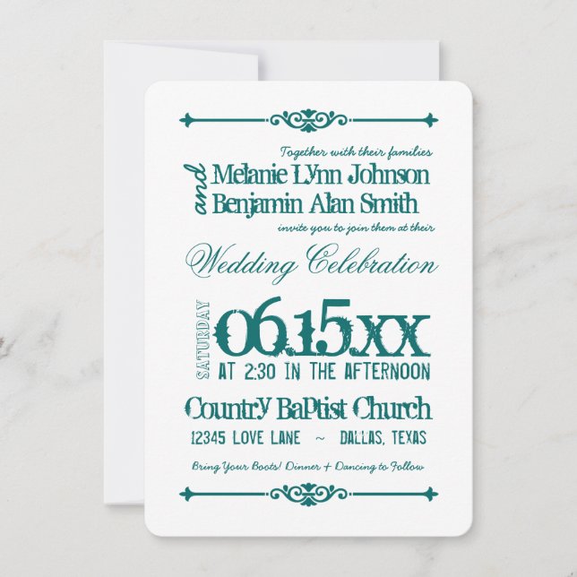 Teal Turquoise Aqua Typography Wedding Invitations (Front)