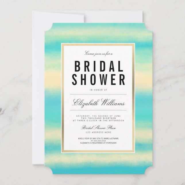 Teal Turquoise Beach Gold Bridal Shower Invite (Front)