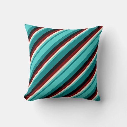 Teal Turquoise Beige Maroon  Black Stripes Throw Pillow