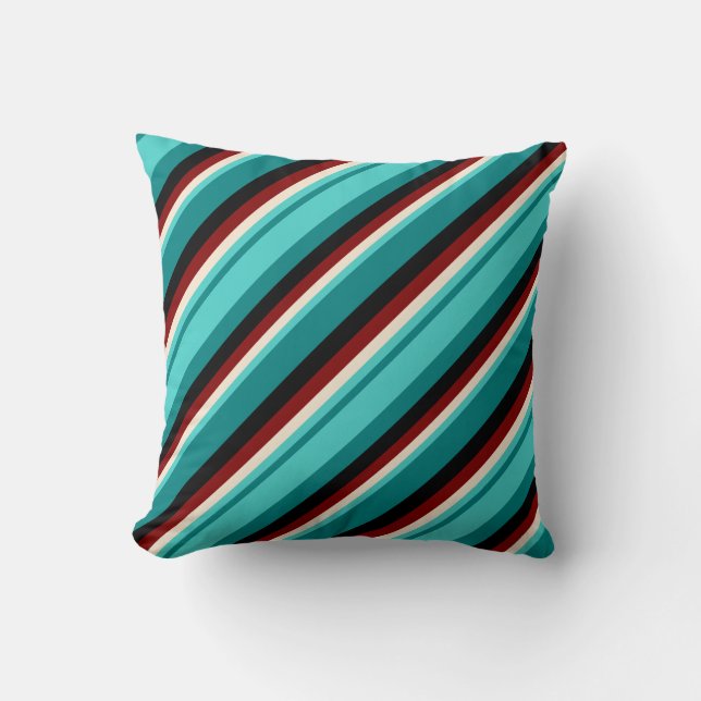Teal, Turquoise, Beige, Maroon & Black Stripes Throw Pillow (Front)