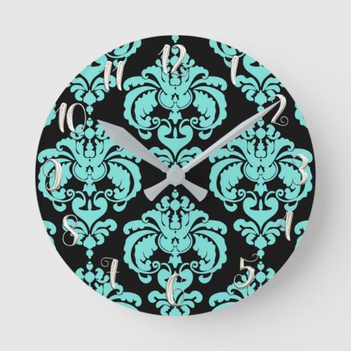 Teal Turquoise  Black Damask Modern Personalized Round Clock