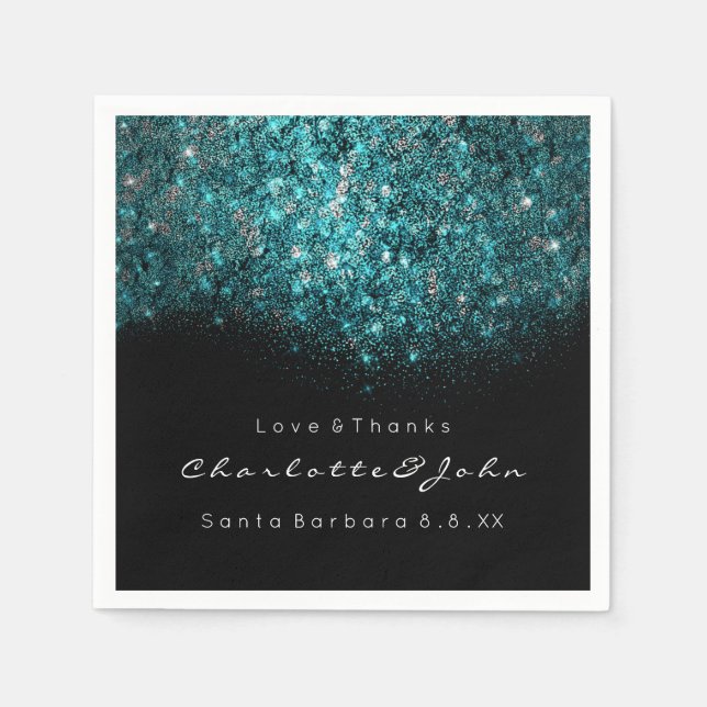 Teal Turquoise Blue Black White Confetti Sequin Napkins (Front)