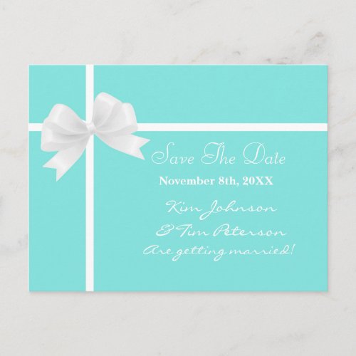 Teal Turquoise Blue  Bow Wedding Save the Date Announcement Postcard
