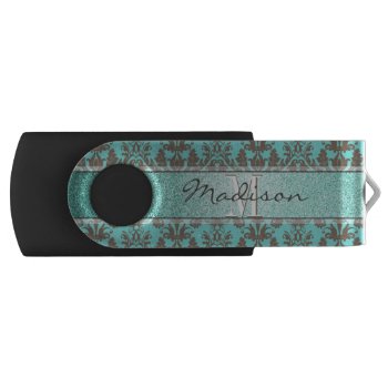 Teal Turquoise Blue & Brown Damask   Personalised Usb Flash Drive by storechichi at Zazzle