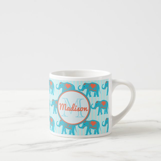 Teal turquoise, blue Elephants on blue stripe name Espresso Cup (Right)