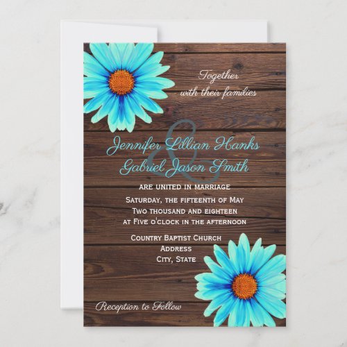 Teal turquoise blue floral rustic wood wedding invitation