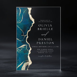 Teal Turquoise Blue Gold Agate Elegant Wedding Acrylic Invitations