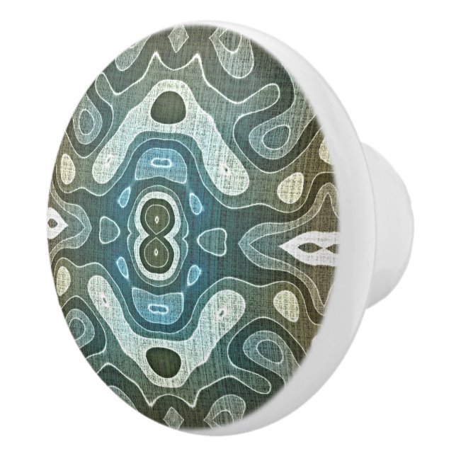 Teal Turquoise Blue Gray Brown Ethnic Tribe Art Ceramic Knob (Right)