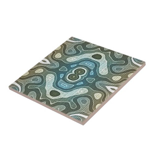Teal Turquoise Blue Gray Brown Ethnic Tribe Art Ceramic Tile